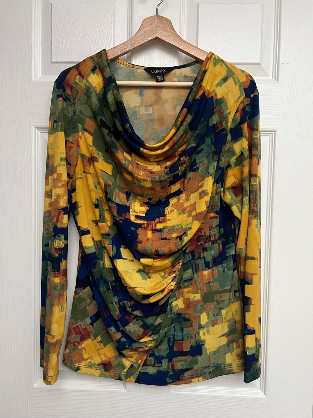 Dusak Designs Draped Cowl Neck Ruched Long Sleeve Printed Blouse